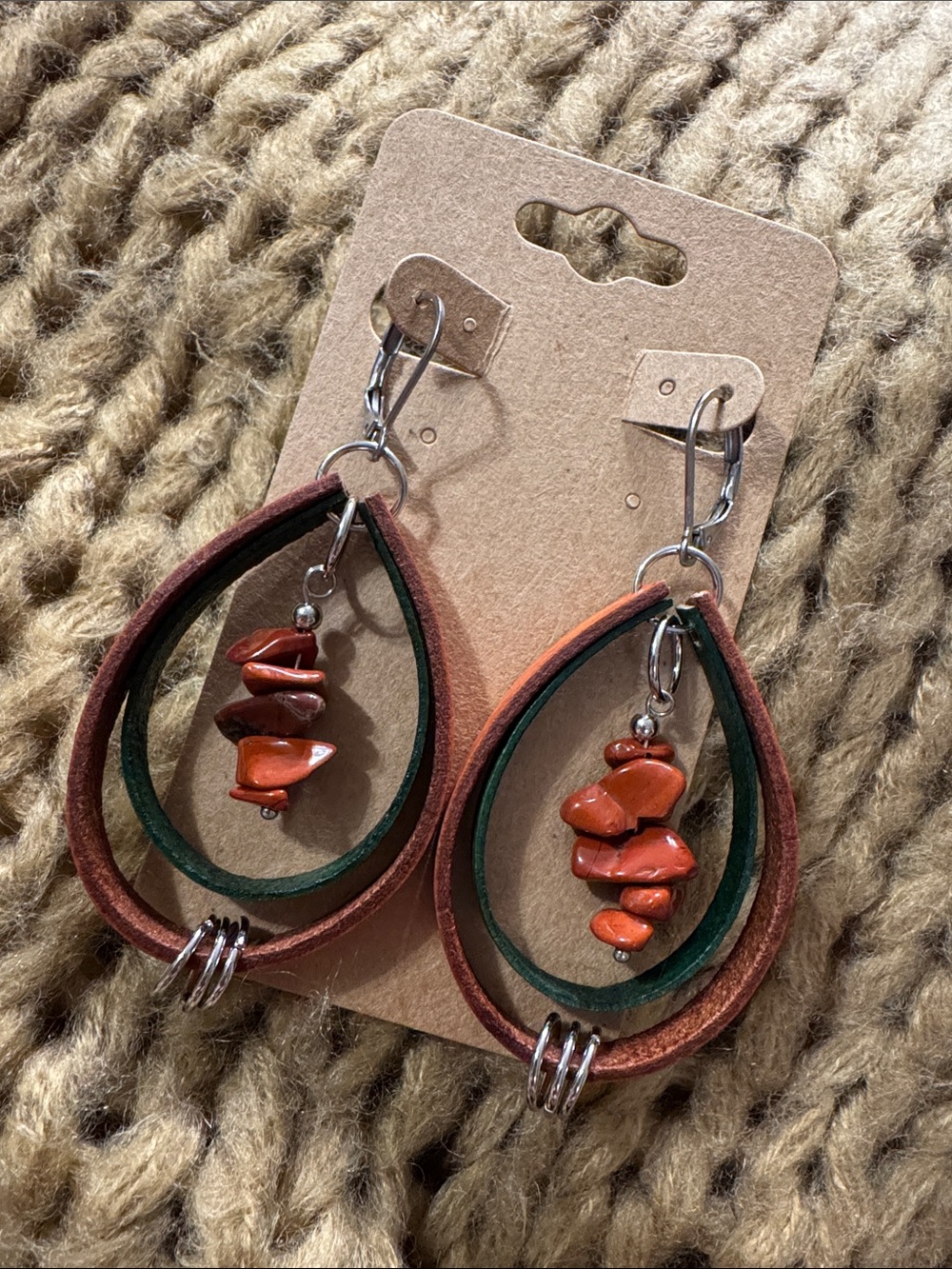 Handmade Genuine Leather and Stone Dangle Earrings with Layered Loops